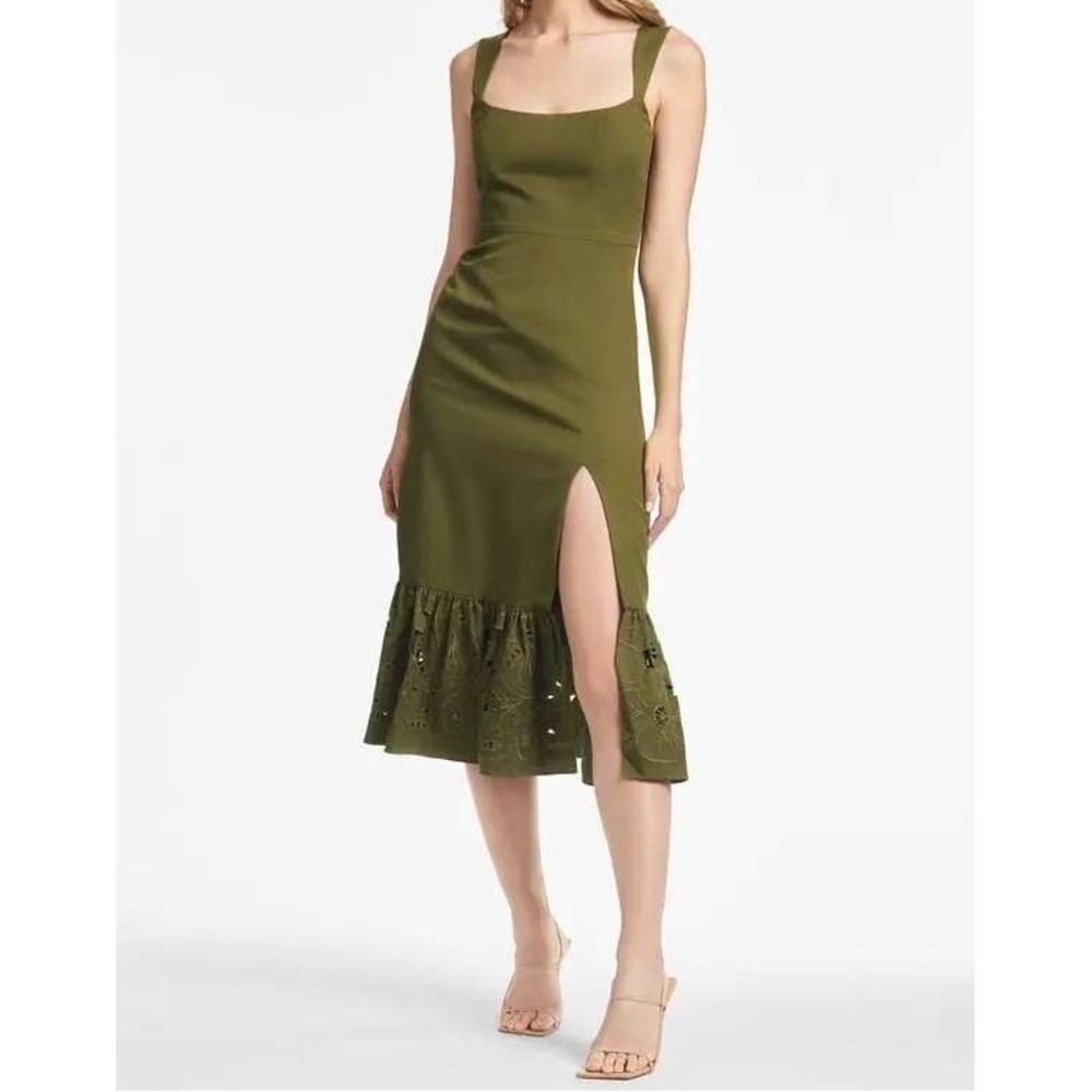 Sachin & Babi Laura Eyelet Hem Midi Dress Sheath Green Vine Embroidered Size 10